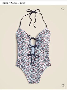Floral Lace-Up One-Piece Swimsuit in Navy Trim